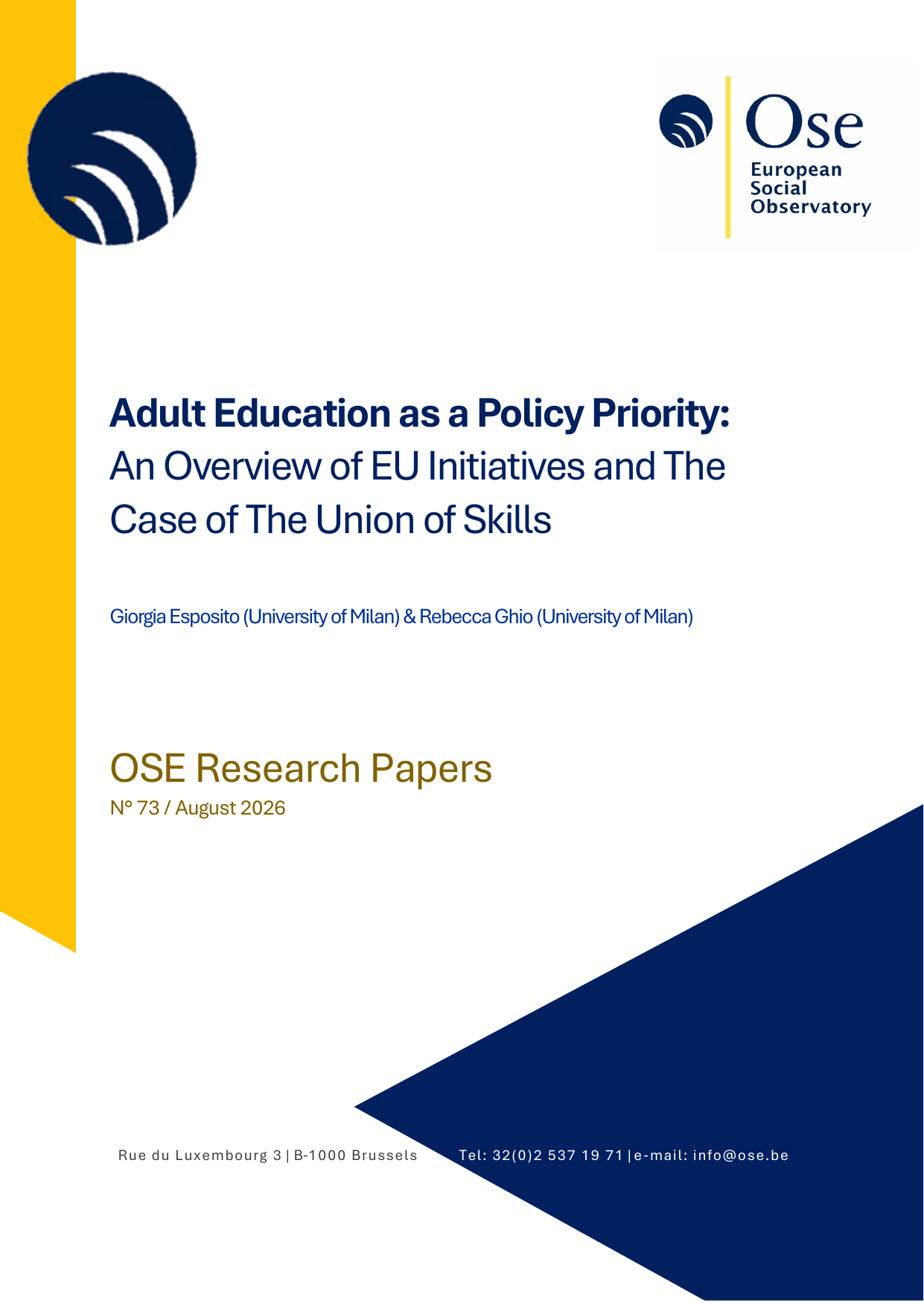 Cover of OSE Research Papers No. 73 on Adult Education as a Policy Priority: An Overview of EU Initiatives and The Case of The Union of Skills