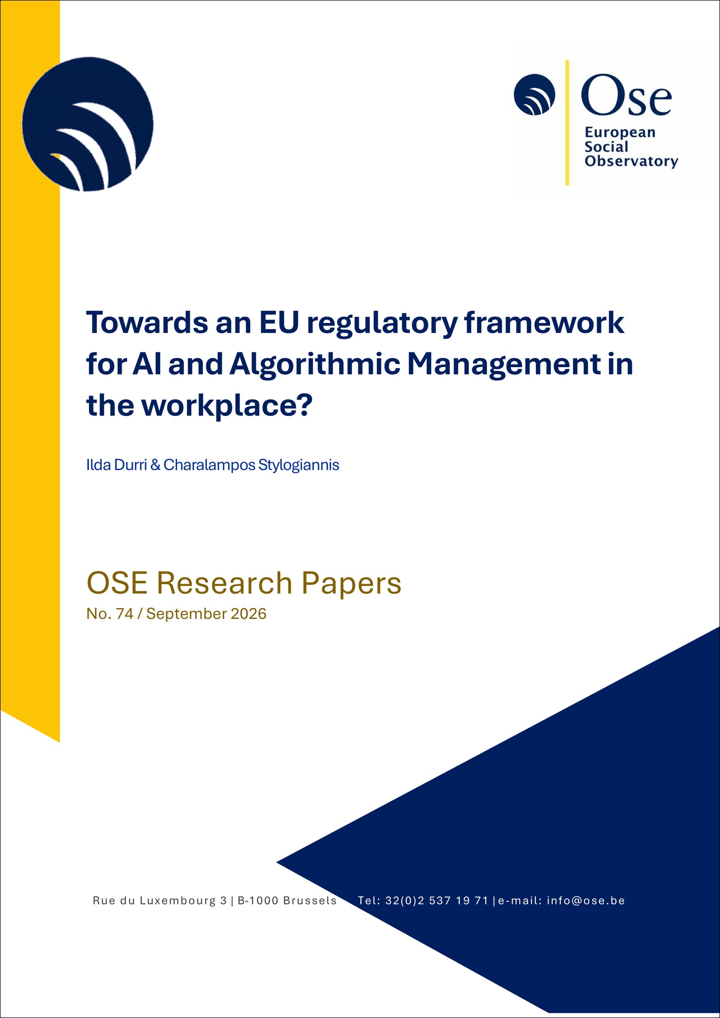 Cover page of OSE Research Paper No. 74 titled “Towards an EU regulatory framework for AI and Algorithmic Management in the workplace?” by Ilda Durri and Charalampos Stylogiannis.